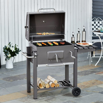 Outsunny Charcoal Grill BBQ Trolley Wheels Shelf Side Thermometer Steel Grey