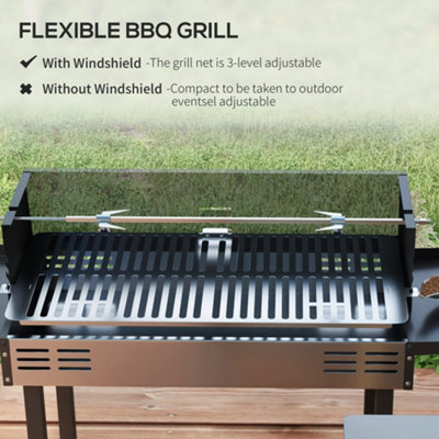 Outsunny Charcoal Spit Roasting Machine w/ 3-Tier Grill Grate & Foldable Shelves