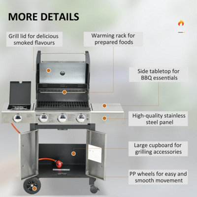 Outsunny Deluxe Gas Barbecue Grill 3+1 Burner Garden BBQ w/ Large