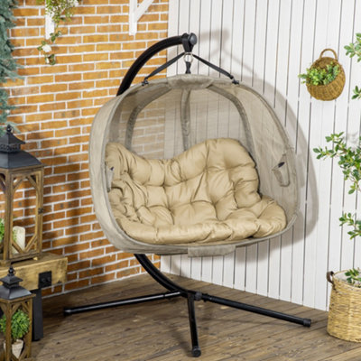Outsunny Double Hanging Egg Chair 2 Seaters Swing Hammock  Cushion, Brown
