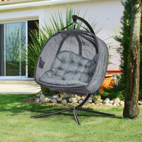 Outsunny Double Hanging Egg Chair 2 Seaters Swing Hammock  Cushion, Grey