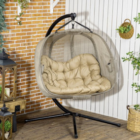 Outsunny Double Hanging Egg Chair 2 Seaters Swing Hammock w/ Cushion, Brown
