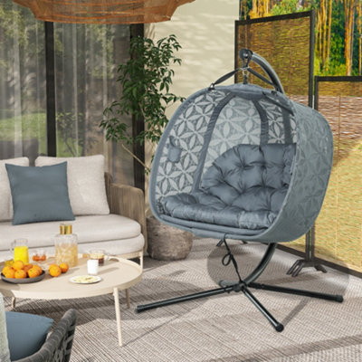 Outsunny Double Hanging Swing Chair w/ Stand & Cup Holders, Charcoal Grey