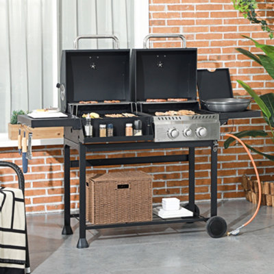 Outsunny Dual Fuel BBQ Grill with Wheels, Warming Rack, Black