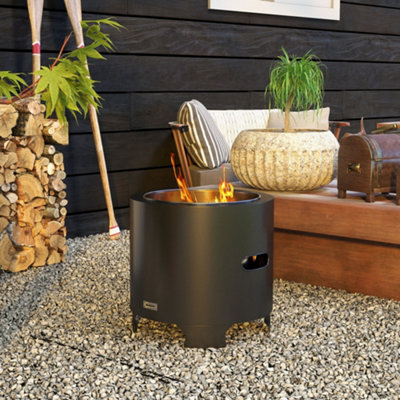Outsunny Fire Pit, Round Metal Bonfire Stove with Poker, Black