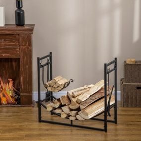 Outsunny Firewood Stand Log Rack Holder 84cm with 4-PC Fireplace Tools Set Black