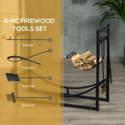 Outsunny Firewood Stand Log Rack Holder 84cm with 4-PC Fireplace Tools Set Black