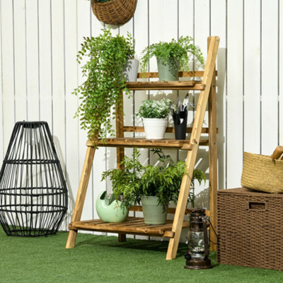 Outsunny Flower Stand 3 Tier Ladder Fold Shelf Herb Holder Display Wood