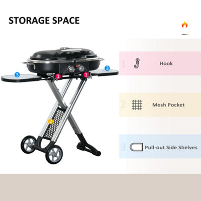 Outsunny Foldable 2 Burner Gas BBQ Grill Trolley w/ Side Shelves Storage Pocket - 4