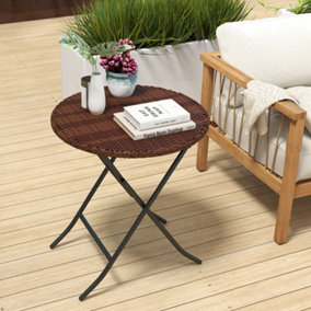 Outsunny Foldable Outdoor Coffee Table, Metal Frame RattanSide Table, Brown