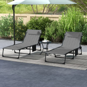 Outsunny Foldable Sun Lounger Set, 2 Pieces Sun Lounger w/ Padded Seat Grey