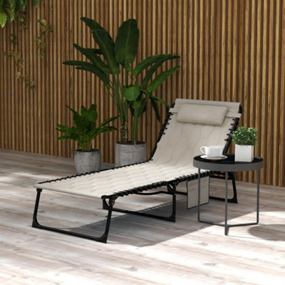 Outsunny Foldable Sun Lounger w/ Reclining Back Sun Lounger w/ Padded Seat Khaki