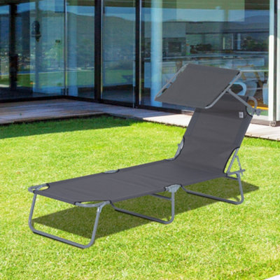 Outsunny Folding Chair Sun Lounger Recliner Seat Sunshade Garden Outdoor Grey