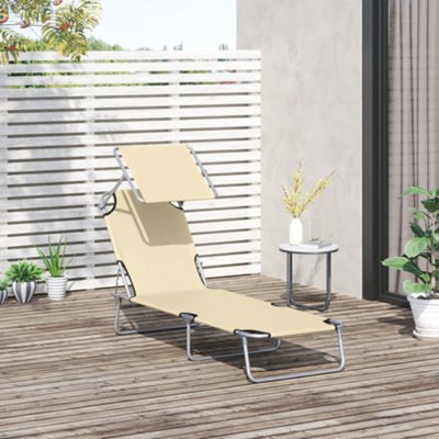 Outsunny Folding Chair Sun Lounger w/ Sunshade Garden Recliner Hammock Beige