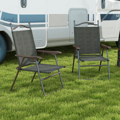 Outsunny Folding Chairs Set w/ Armrest, Breathable Mesh Fabric Seat, Dark Brown