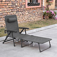 Outsunny Folding Chaise Lounge, Garden Lounger Headrest Cup Holder, Dark Grey