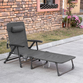 Outsunny Folding Chaise Lounge, Garden Lounger Headrest Cup Holder, Dark Grey