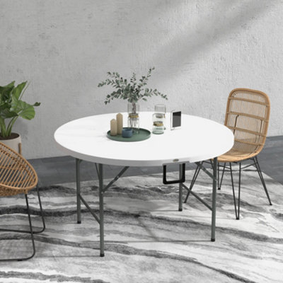 Outsunny Folding Garden Table, HDPE Round Picnic Table for 6, White