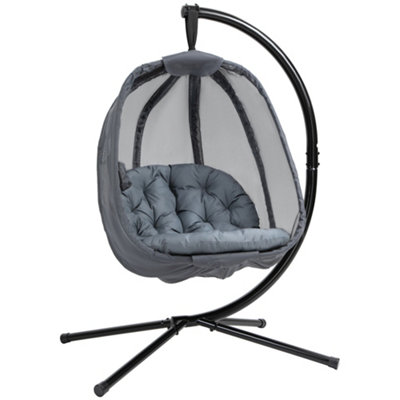 Outsunny Folding Hanging Egg Chair  Cushion and Stand for Indoor Outdoor Grey