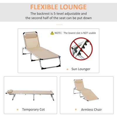 Outsunny Folding Outdoor Reclining Sun Lounger Chair Aluminium Frame Khaki - 4