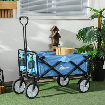 Outsunny Folding Outdoor Storage Trolley Cart Bag Telescopic Handle Brakes Blue