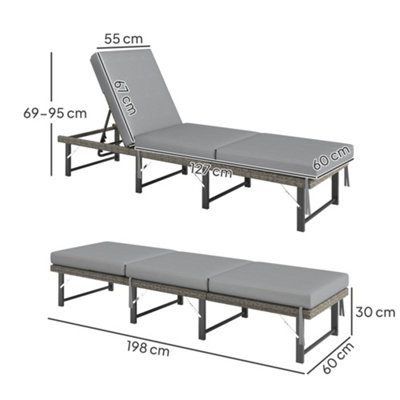 Outsunny Folding Rattan Sun Lounger with Adjustable Back, Cushion, Grey