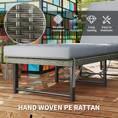 Outsunny Folding Rattan Sun Lounger with Adjustable Back, Cushion, Grey