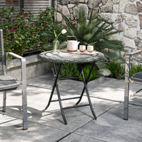 Outsunny Folding Round Tempered Glass Metal Table with Grey Rattan Edging