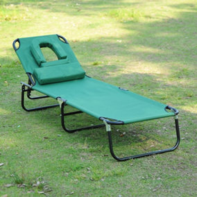 Outsunny Folding Sun Lounger Reclining Chair w/ Pillow Reading Hole Dark Green