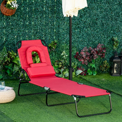 Outsunny Folding Sun Lounger Reclining Chair w Pillow Reading Hole Red DIY at B Q