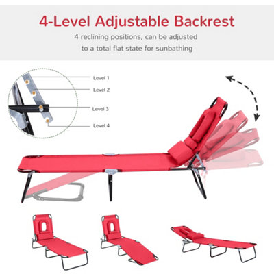 Outsunny Folding Sun Lounger Reclining Chair w/ Pillow Reading Hole Red - 4