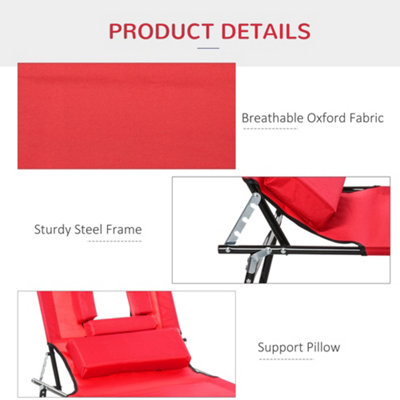 Outsunny Folding Sun Lounger Reclining Chair w/ Pillow Reading Hole Red - 6