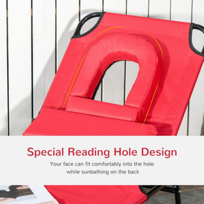 Outsunny Folding Sun Lounger Reclining Chair w/ Pillow Reading Hole Red - 7
