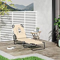 Outsunny Folding Sun Lounger Reclining Chair with Pillow Reading Hole Beige