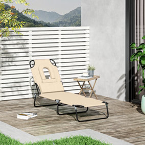 Outsunny Folding Sun Lounger Reclining Chair with Pillow Reading Hole Beige