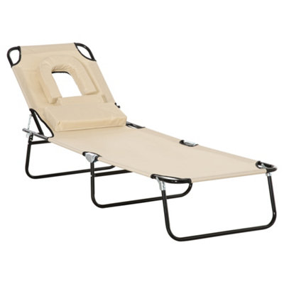 Outsunny Folding Sun Lounger Reclining Chair with Pillow Reading Hole Beige