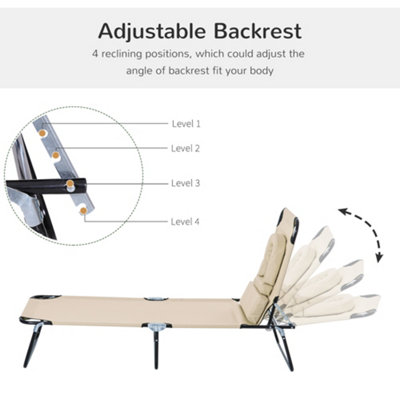Outsunny Folding Sun Lounger Reclining Chair with Pillow Reading Hole Beige - 6