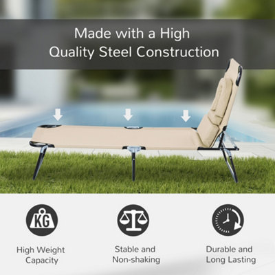 Outsunny Folding Sun Lounger Reclining Chair with Pillow Reading Hole Beige - 4