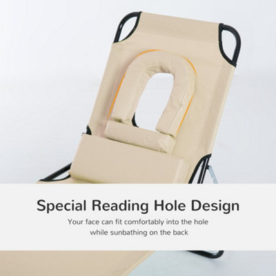Outsunny Folding Sun Lounger Reclining Chair with Pillow Reading Hole Beige - 5