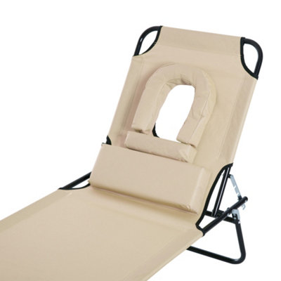 Outsunny Folding Sun Lounger Reclining Chair with Pillow Reading Hole Beige - 9
