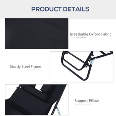 Outsunny Folding Sun Lounger Reclining Chair with Pillow Reading Hole Black - 4