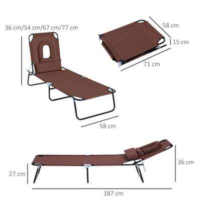 Outsunny Folding Sun Lounger Reclining Chair with Pillow Reading Hole Brown - 3
