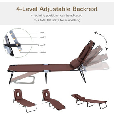 Outsunny Folding Sun Lounger Reclining Chair with Pillow Reading Hole Brown - 4