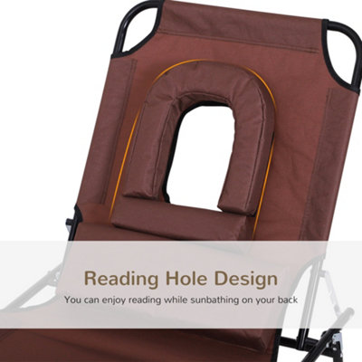 Outsunny Folding Sun Lounger Reclining Chair with Pillow Reading Hole Brown - 7