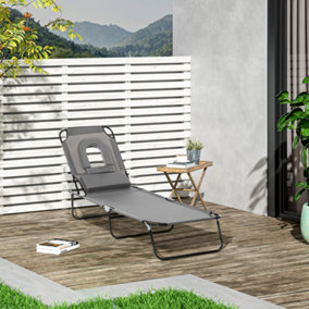 Outsunny Folding Sun Lounger Reclining Chair with Pillow Reading Hole Grey