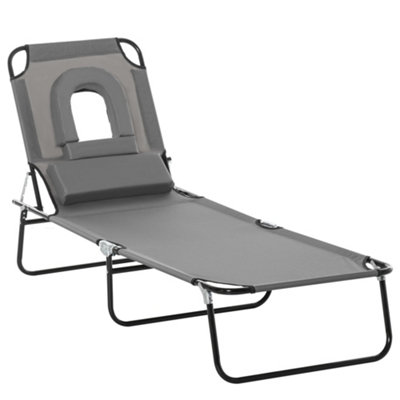 Outsunny Folding Sun Lounger Reclining Chair with Pillow Reading Hole Grey
