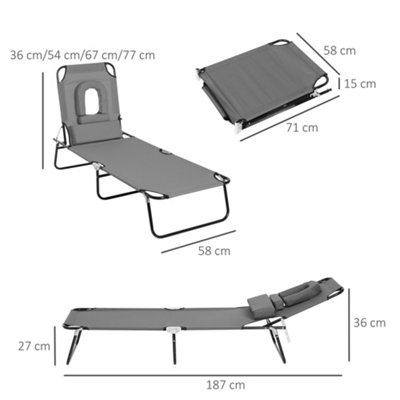 Outsunny Folding Sun Lounger Reclining Chair with Pillow Reading Hole Grey - 3