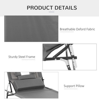 Outsunny Folding Sun Lounger Reclining Chair with Pillow Reading Hole Grey - 4
