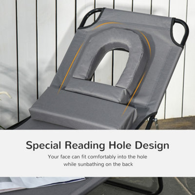 Outsunny Folding Sun Lounger Reclining Chair with Pillow Reading Hole Grey - 5