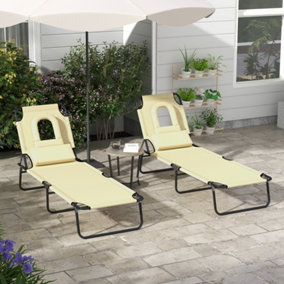 Outsunny Folding Sun Lounger Set of 2 Reclining Chair with Reading Hole Beige